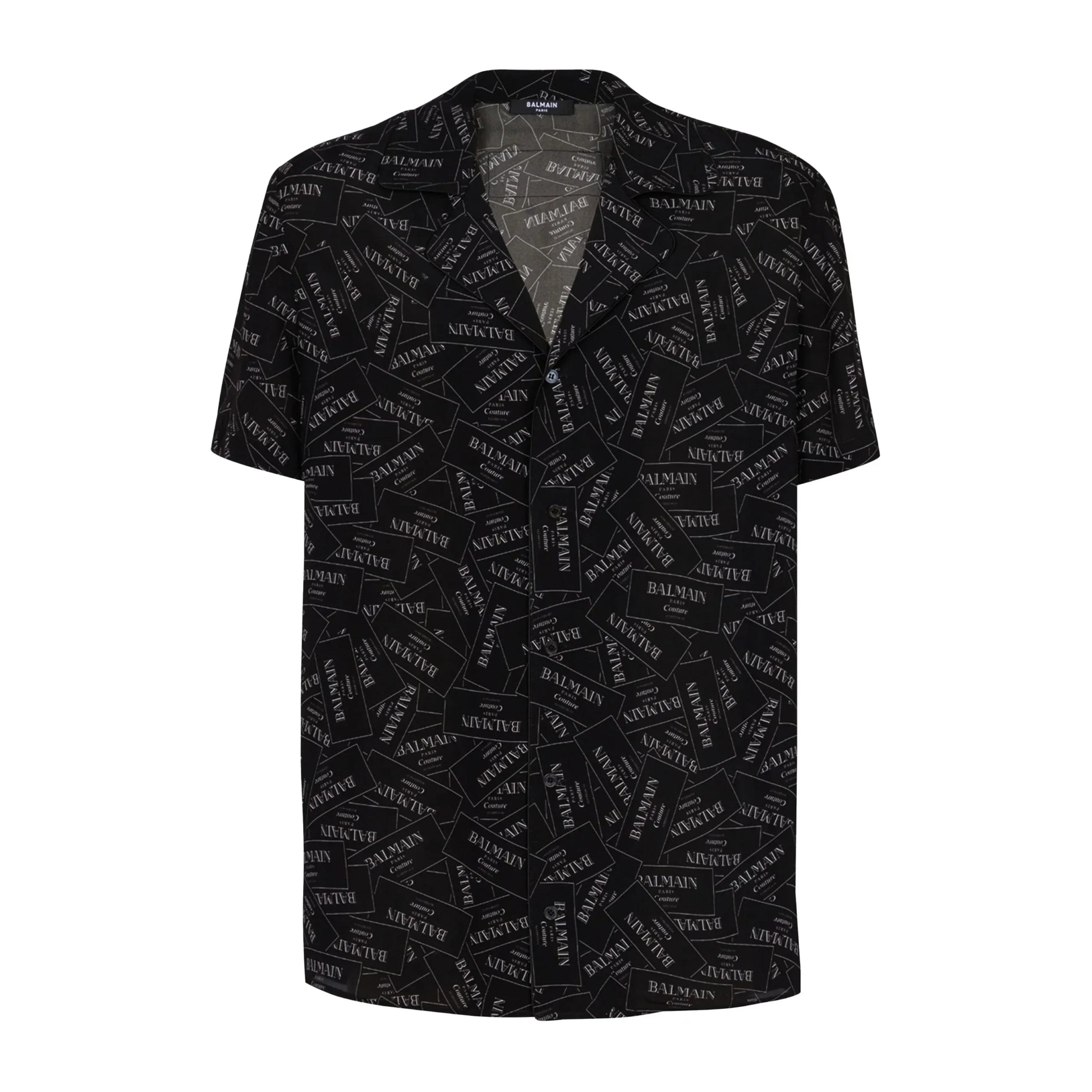 Balmain black short-sleeve shirt featuring an all-over logo print, poplin texture, and a notched collar, available at Lestyle Boutique.