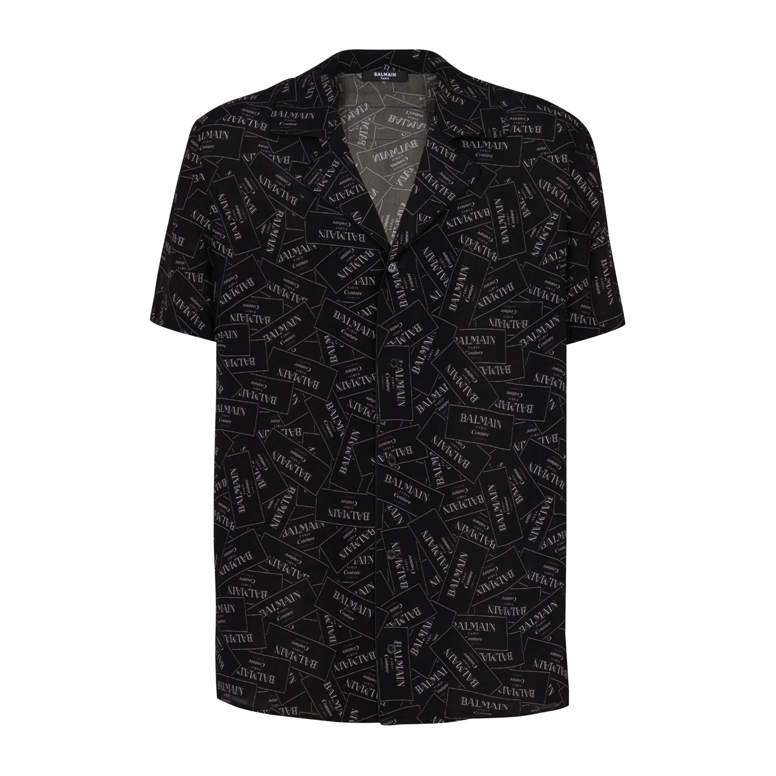 Balmain black short-sleeve shirt featuring an all-over logo print, poplin texture, and a notched collar, available at Lestyle Boutique.