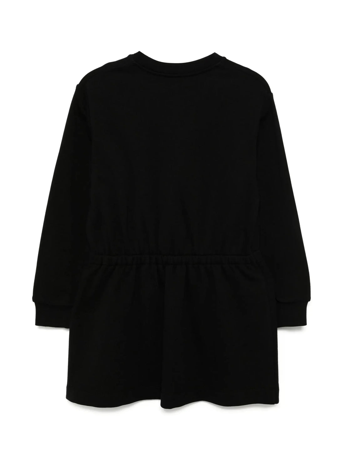 Versace Kids Crew-Neck Dress in black, featuring a crystal-embellished Medusa motif, elasticated waistband, and ribbed cuffs, available at Lestyle Boutique.