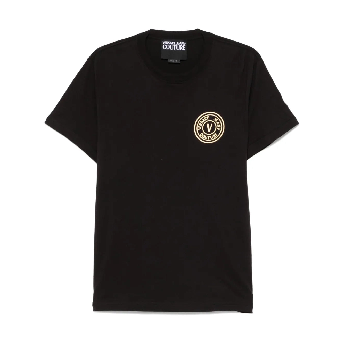 Versace Jeans Couture Logo-Print T-Shirt in black, featuring a crew neck, short sleeves, and the brand’s iconic emblem at the front. A versatile staple, available at Lestyle Boutique.