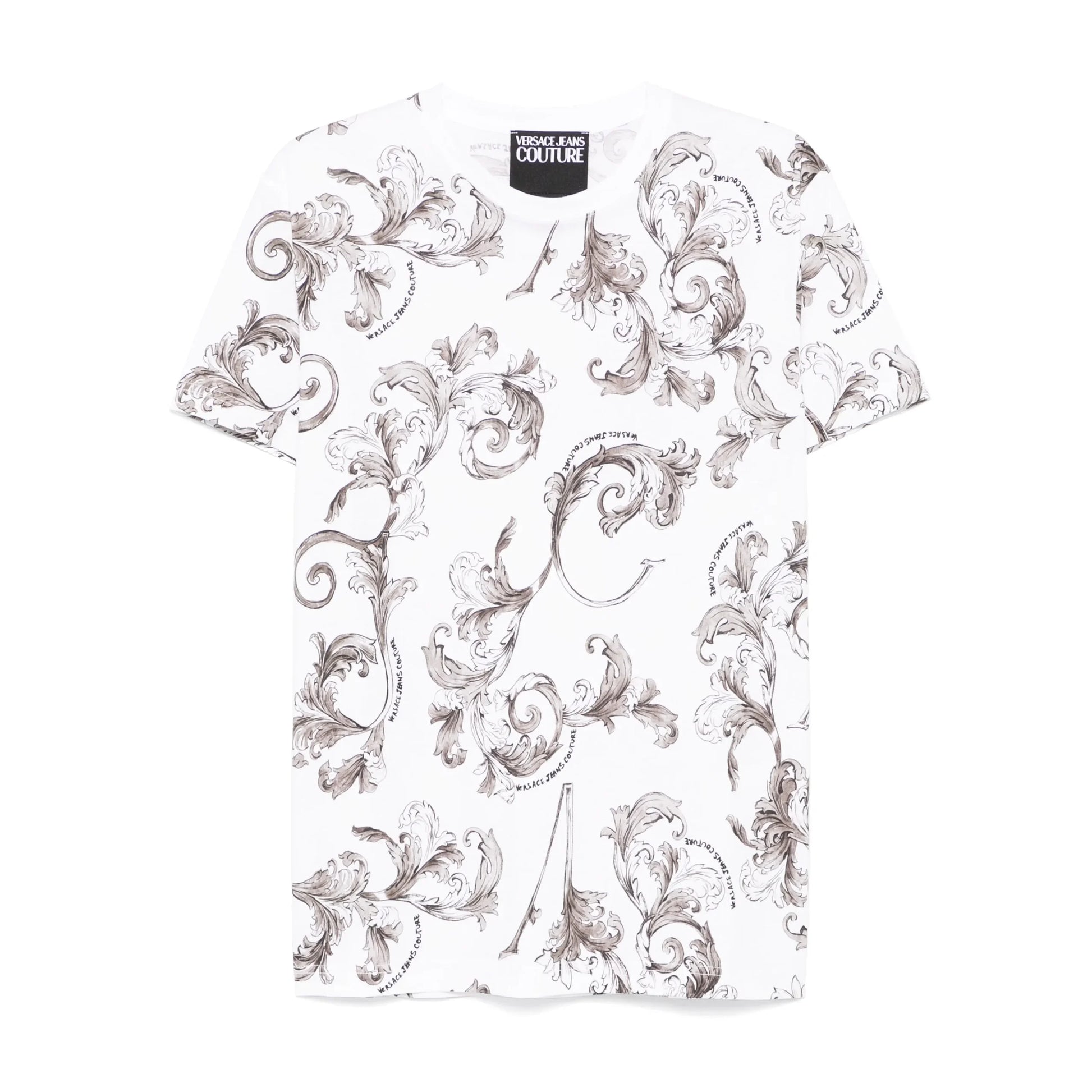 Versace Jeans Couture Barocco-Print T-Shirt in white, showcasing an iconic all-over Barocco design with a crewneck and straight hem, crafted for comfort and style, available at Lestyle Boutique.