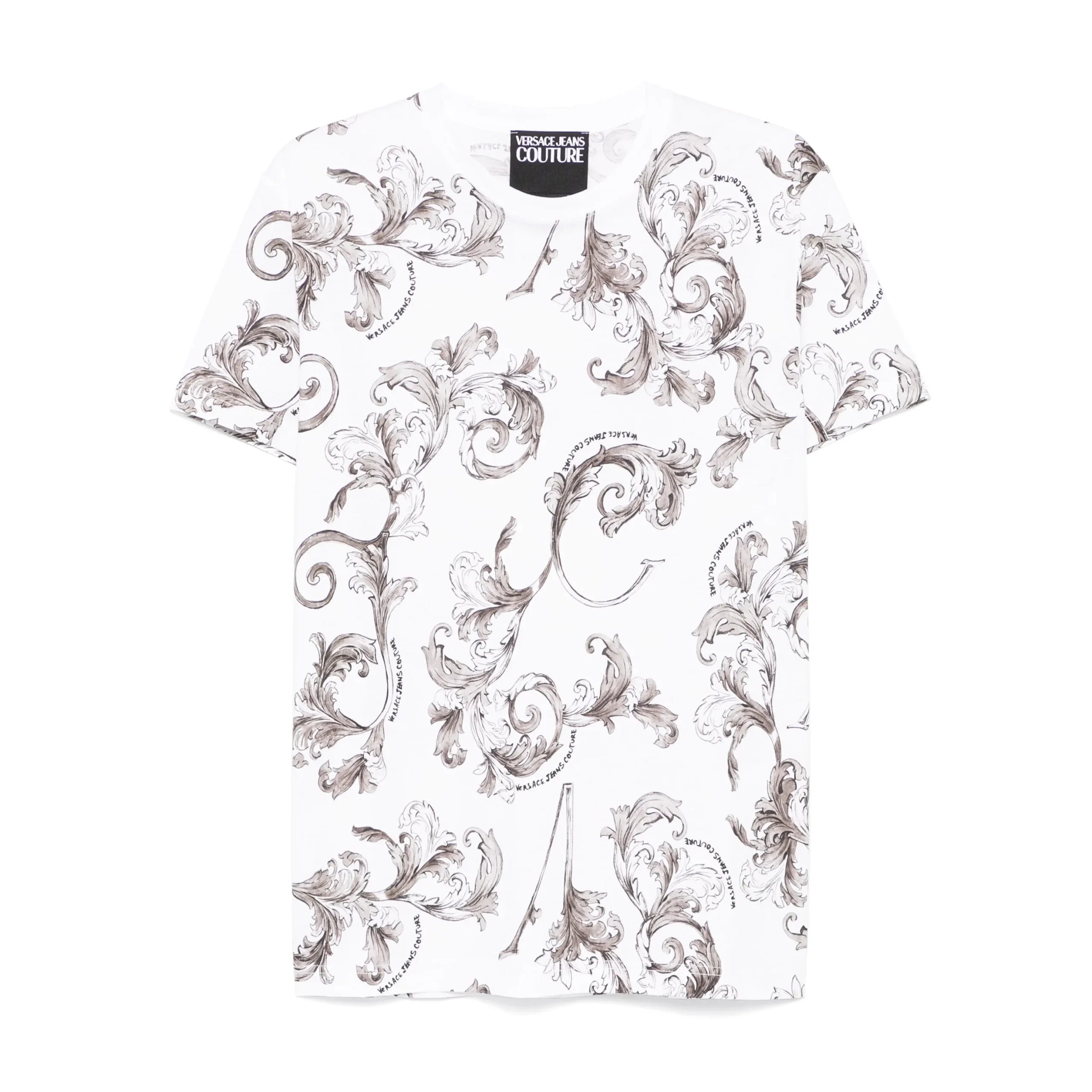 Versace Jeans Couture Barocco-Print T-Shirt in white, showcasing an iconic all-over Barocco design with a crewneck and straight hem, crafted for comfort and style, available at Lestyle Boutique.