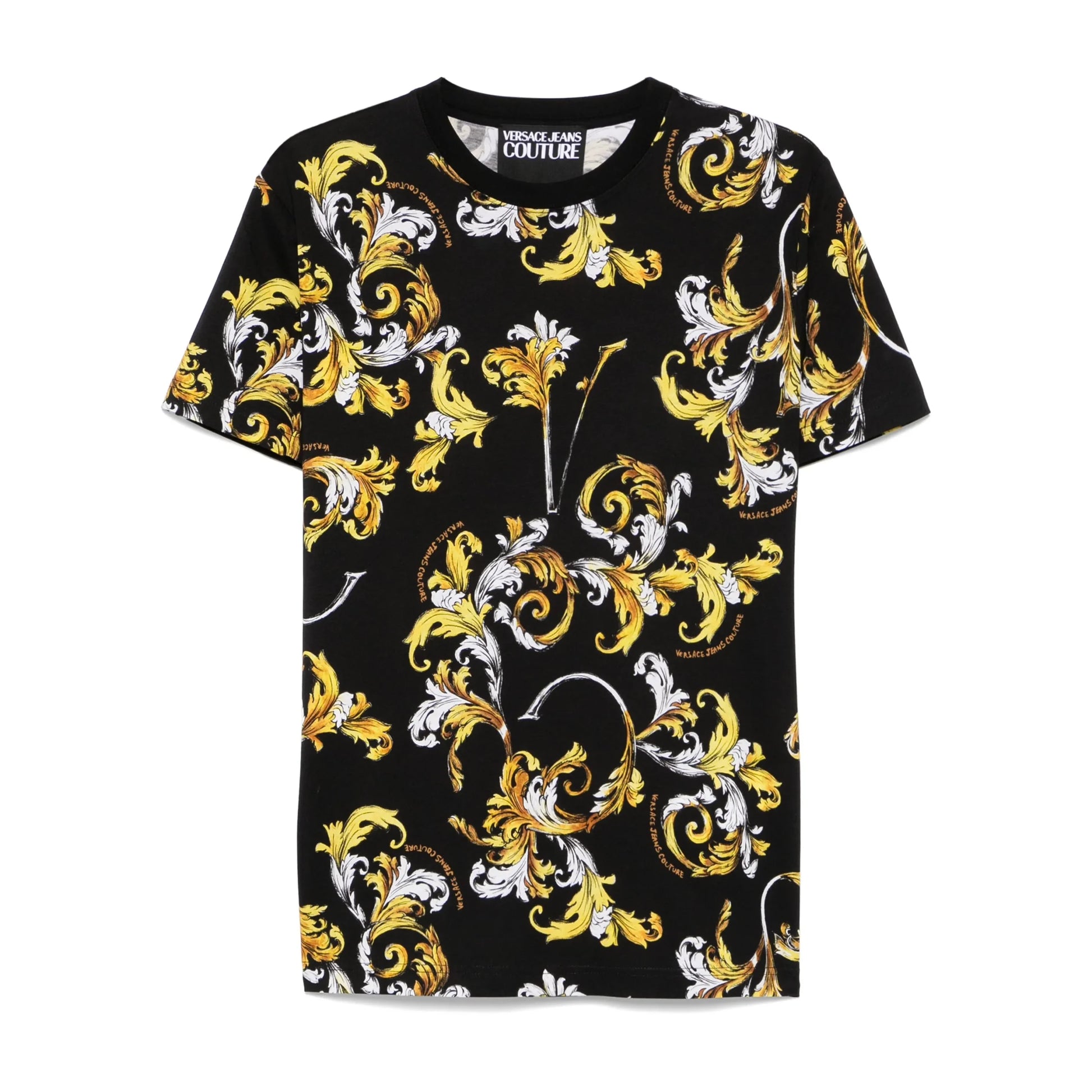 Versace Jeans Couture Barocco-Print T-Shirt in black, showcasing an intricate all-over baroque design in yellow and white, crafted for both comfort and style, available at Lestyle Boutique.