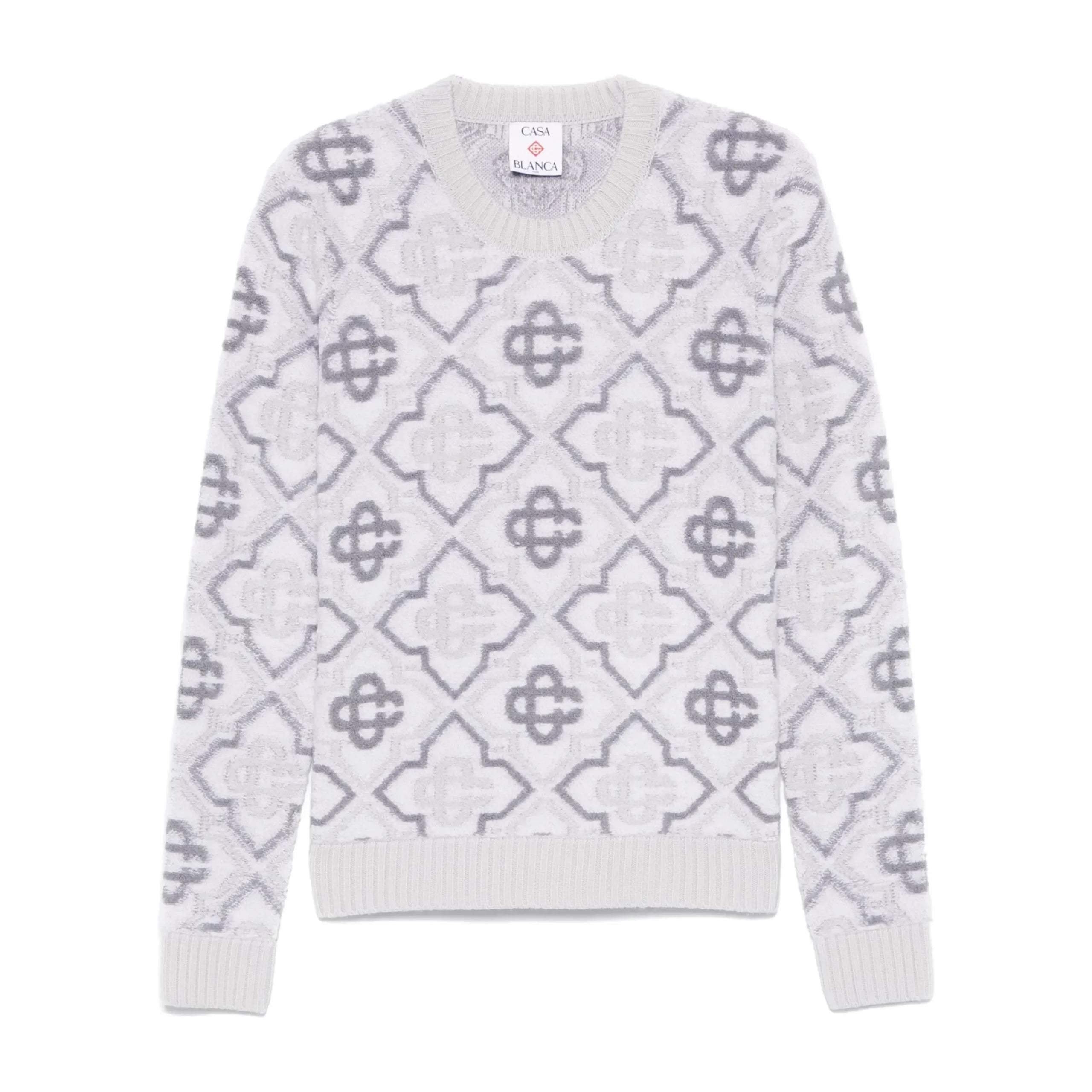 Casablanca light grey monogram sweater with ribbed cuffs and a crew neck, featuring a premium merino wool blend, available at Lestyle Boutique.