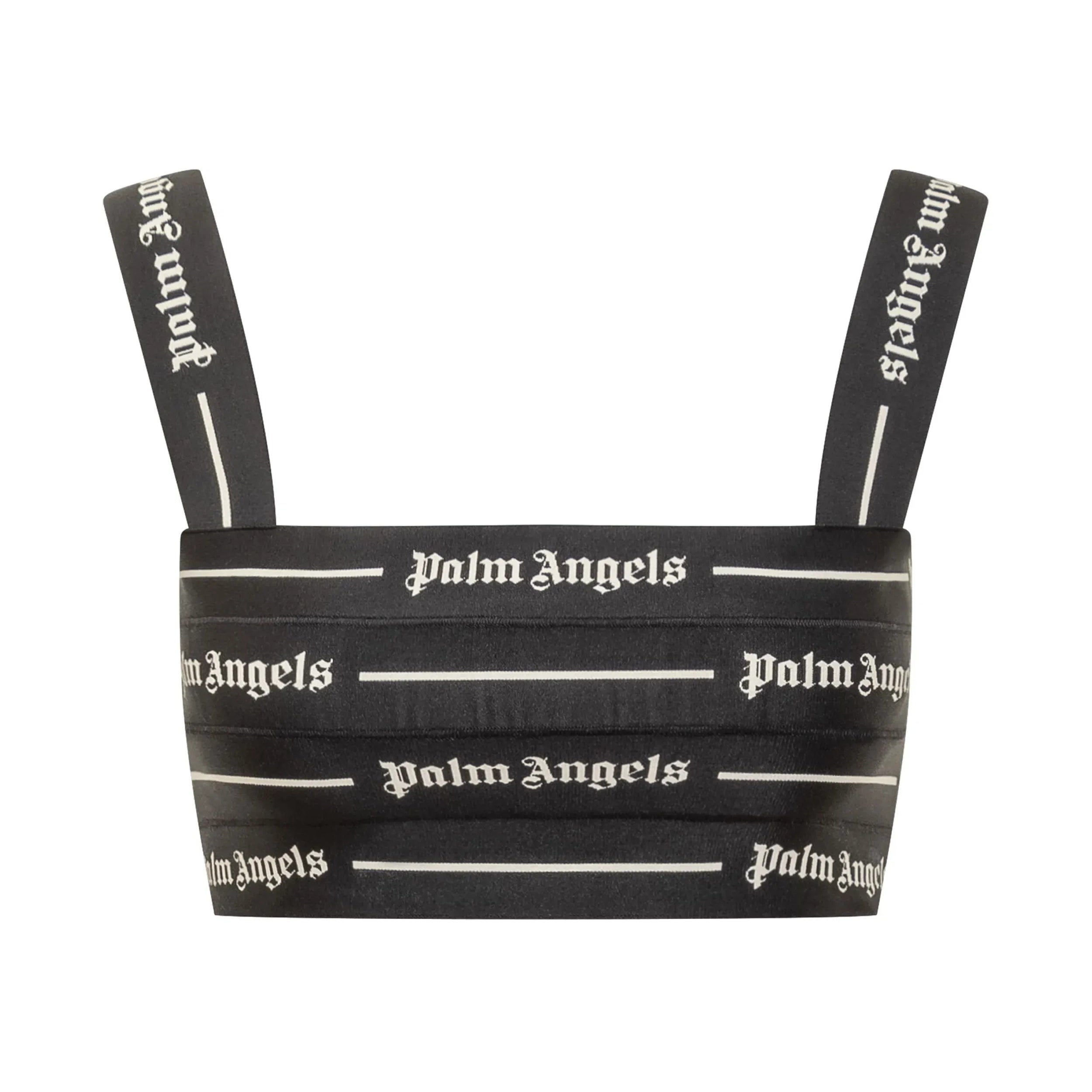 Palm Angels black crop top featuring logo tape detailing, a square neckline, slim shoulder straps, and a rear zip fastening, available at Lestyle Boutique.