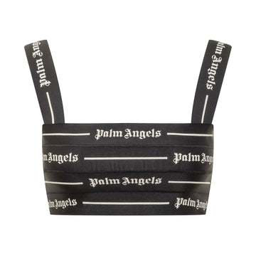 Palm Angels black crop top featuring logo tape detailing, a square neckline, slim shoulder straps, and a rear zip fastening, available at Lestyle Boutique.