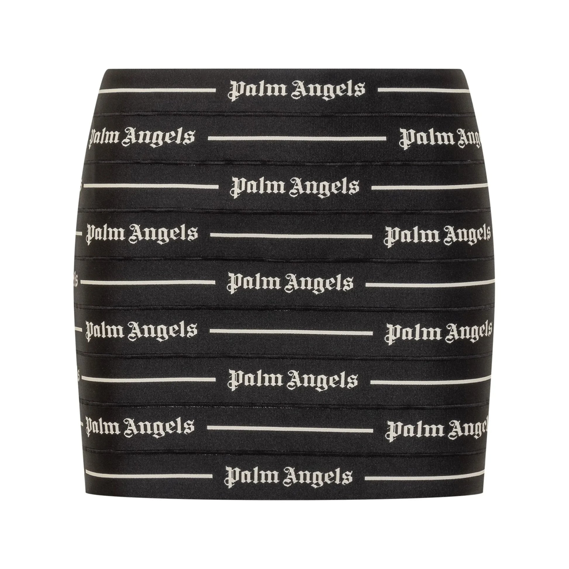 Palm Angels black mini skirt featuring an all-over logo print, high-rise fit, and rear zip fastening, available at Lestyle Boutique.