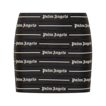 Palm Angels black mini skirt featuring an all-over logo print, high-rise fit, and rear zip fastening, available at Lestyle Boutique.