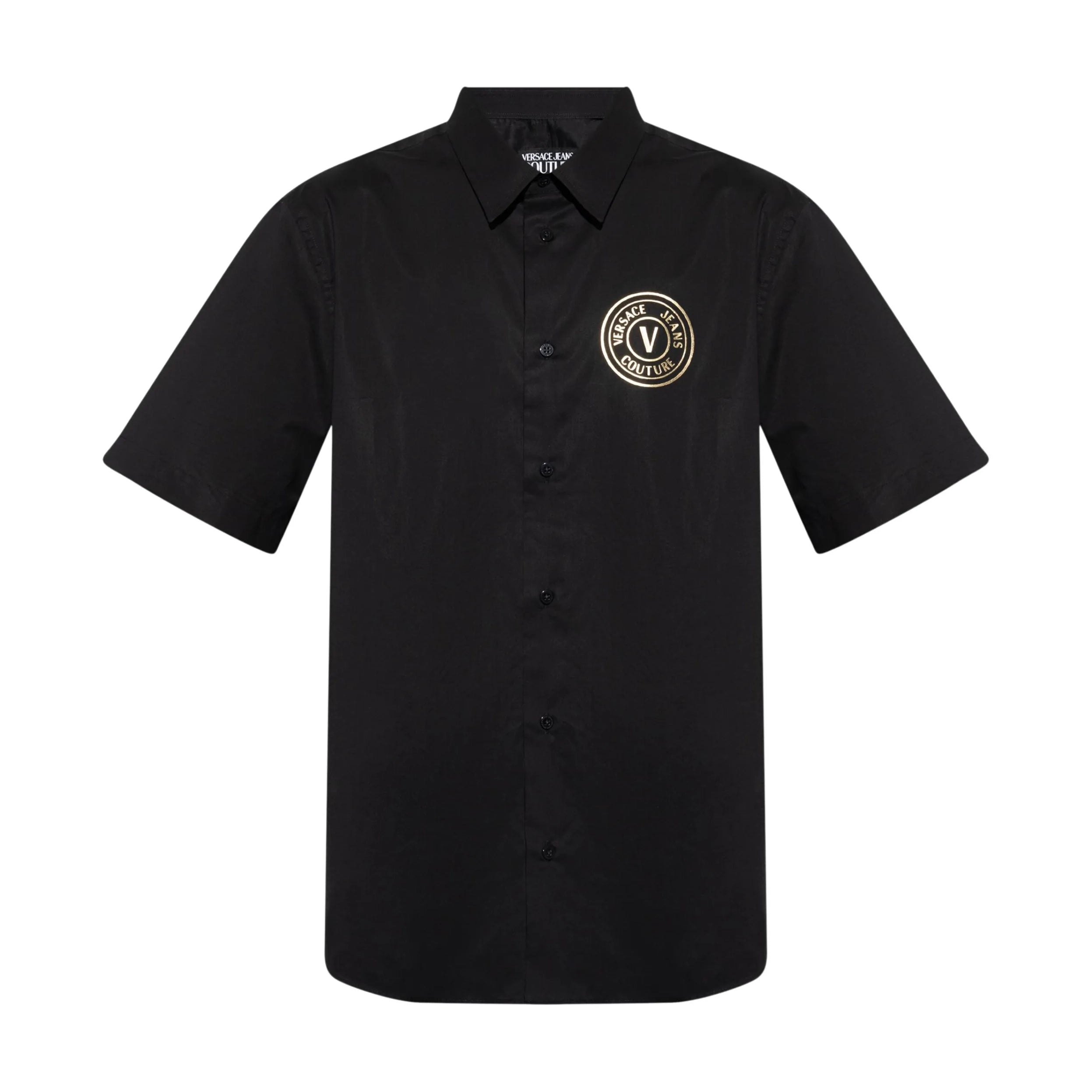 Versace Jeans Couture V-Emblem Short-Sleeve Polo Shirt in black, featuring the signature V-Emblem logo on the chest, a structured collar, and a short front button fastening, available at Lestyle Boutique.