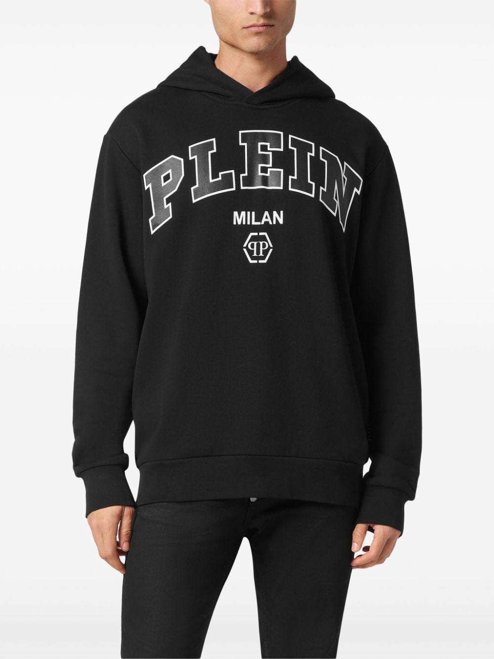 PHILIPP PLEIN logo-print cotton-blend hoodie featuring MILAN logo available at Lestyle Boutique Melbourne