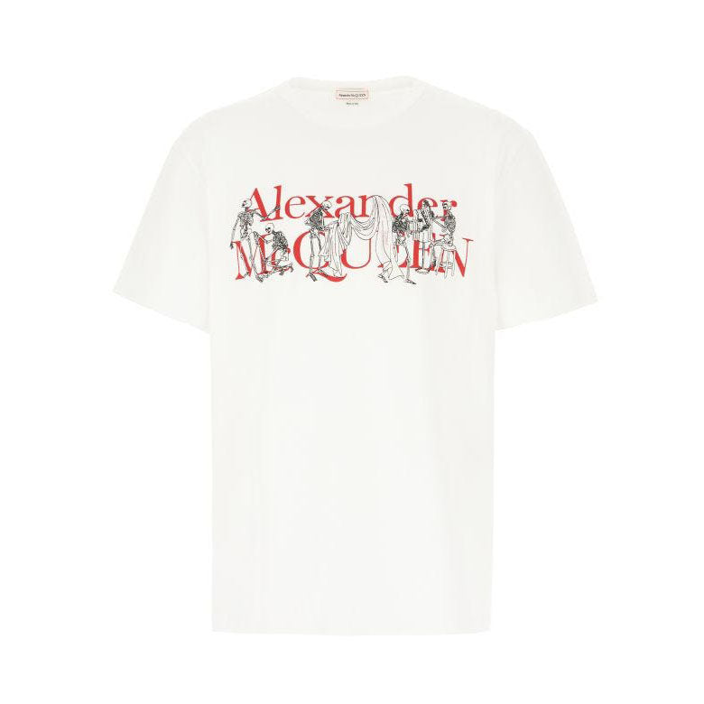 Alexander McQueen white t-shirt featuring the iconic skeleton logo print, crafted from premium cotton for a soft feel. This luxury designer piece showcases a classic crew neck design with a straight hem, ensuring a comfortable fit. Ideal for casual outings or elevating your streetwear style, available at Lestyle Boutique Melbourne.