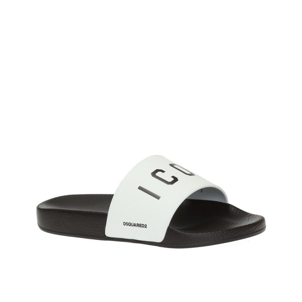 DSQUARED2 slides with white logo strap featuring black lettering, available at Lestyle Boutique Melbourne
