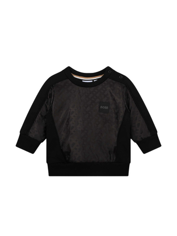 BOSS Kidswear black stretch-cotton sweatshirt featuring a stylish logo print on the front. This premium piece showcases a classic crew neck design with long sleeves, perfect for comfort and style. The high-quality material ensures durability, making it ideal for active kids. Perfect for casual outings or playdates, this designer sweatshirt adds a touch of luxury to any child's wardrobe, available at Lestyle Boutique Melbourne.