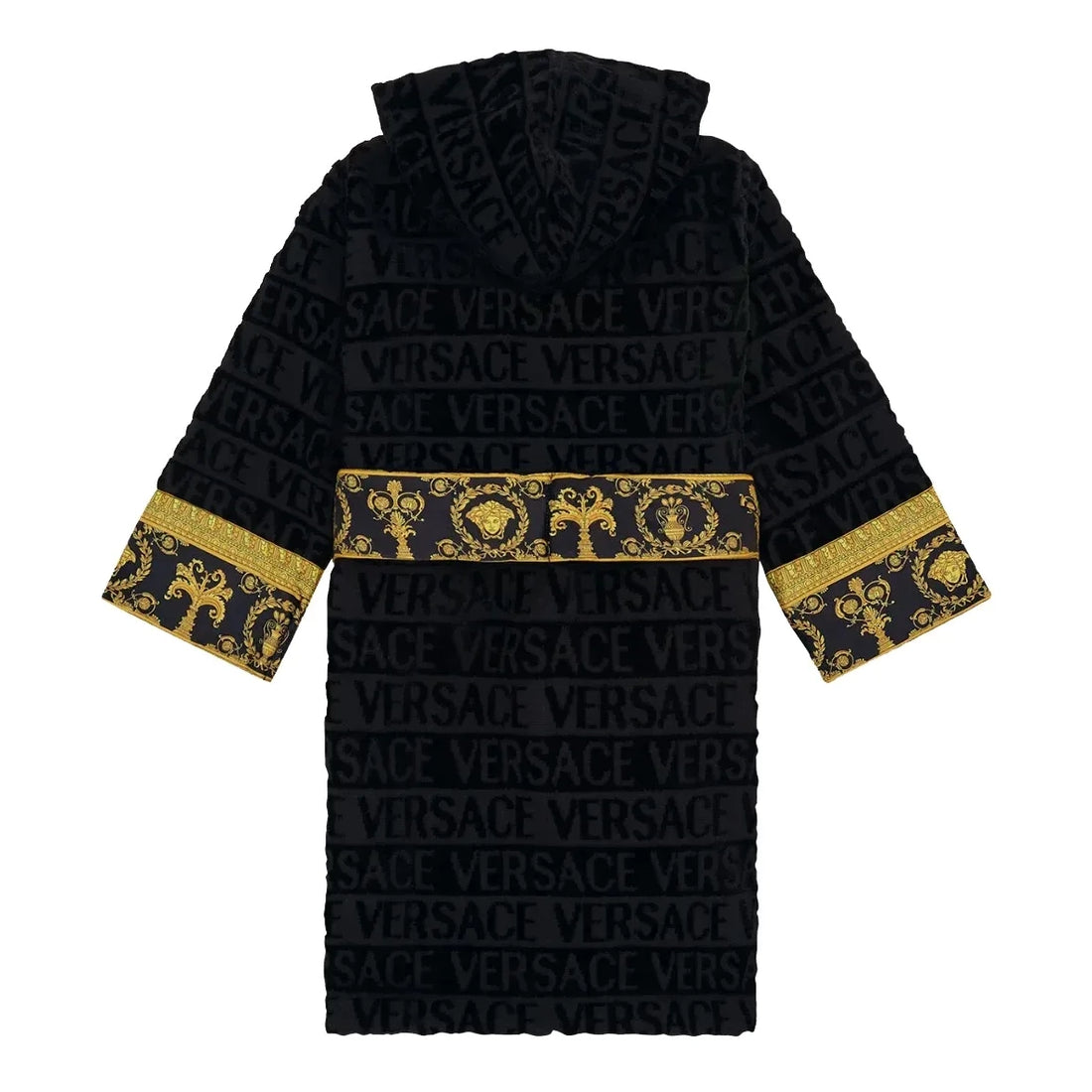 Versace Kids I Love Baroque Hooded Bathrobe in black with gold baroque detailing, featuring an all-over logo print, hooded design, and belted waist, available at Lestyle Boutique.