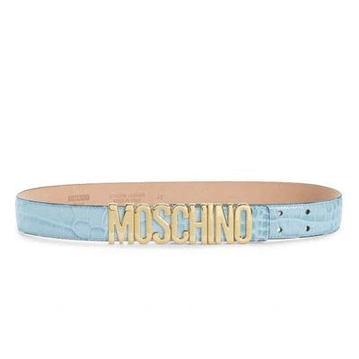 Moschino belt with croc-embossed leather and gleaming letters, available at Lestyle Boutique Melbourne