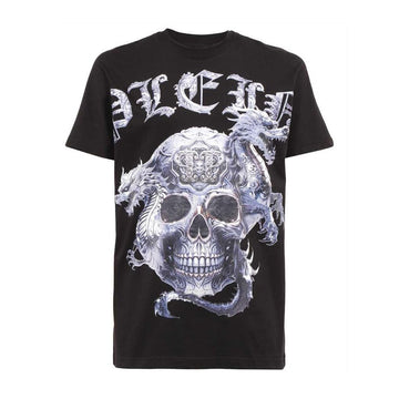 Philipp Plein black T-shirt featuring a dragon and skull design with crystal accents, available at Lestyle Boutique.