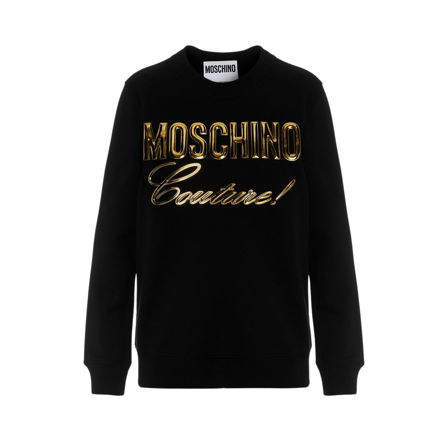 Black sweatshirt with gold 'Moschino Couture' text on a white background