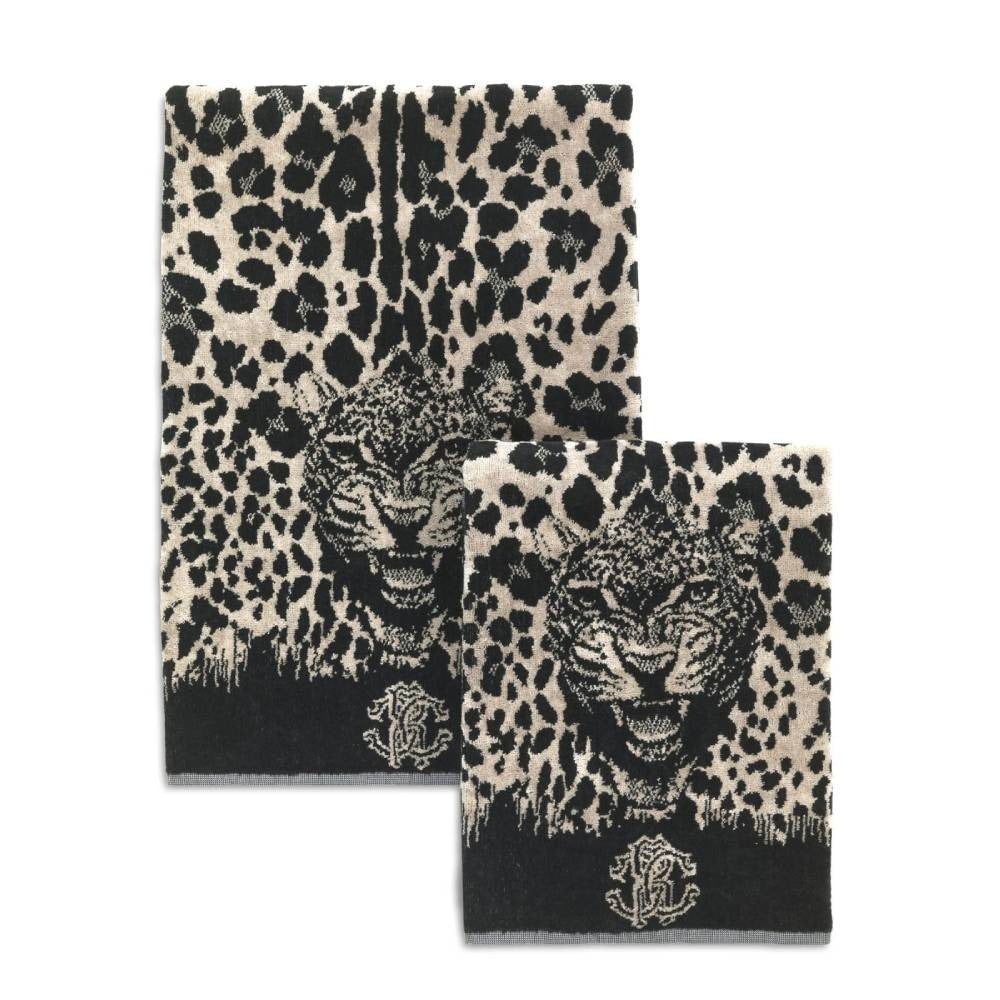 Roberto Cavalli towel set featuring a jaguar pattern. Available at Lestyle Boutique Melbourne.