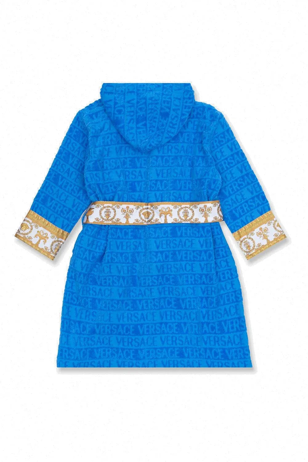 Versace Kids Belted Logo Monogram Hooded Robe in blue with gold baroque detailing, featuring an all-over Versace monogram print, a hooded design, and a belted waist, available at Lestyle Boutique.