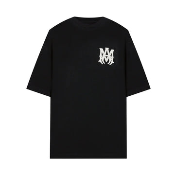 A black cotton t-shirt by AMIRI, available at Lestyle Boutique. Featuring the MA monogram logo on the chest and a bold AMIRI logo on the back, this tee offers a perfect blend of style and comfort.