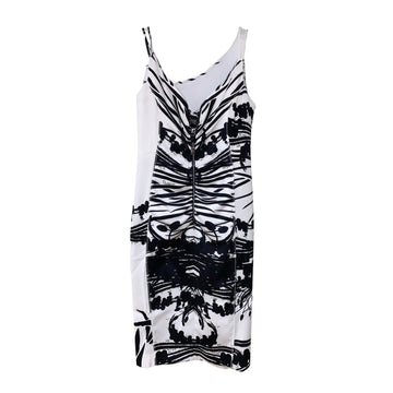 Sleeveless dress from Cavalli Class in white, featuring thin straps and a black abstract symmetrical print down the front, available at Lestyle Boutique 136 Little Collins St.