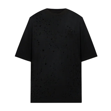 A black cotton t-shirt by AMIRI, available at Lestyle Boutique. Featuring a distressed vintage shotgun effect and tonal embroidered logo, this tee combines bold aesthetics with comfort.