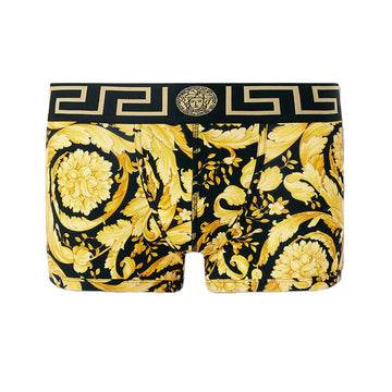 Versace Barocco print trunks with a Medusa logo elastic waistband, available at Lestyle. Slim fit underwear designed for comfort and style, featuring soft stretch fabric.