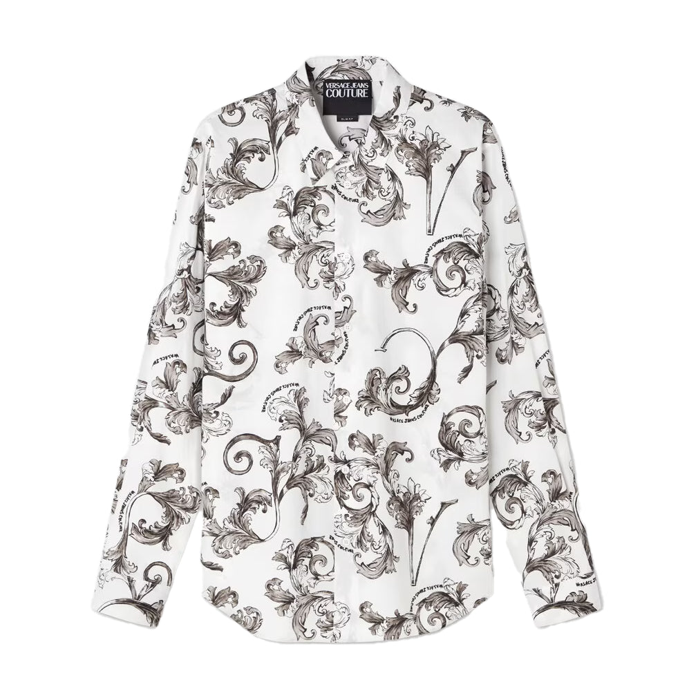 Versace Jeans Couture White Outline Barocco Slim-Fit Shirt featuring an all-over Barocco print, classic pointed collar, and buttoned cuffs for a refined yet statement-making ensemble. Available at Lestyle Boutique.