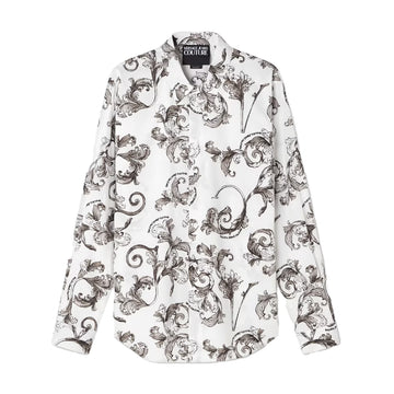 Versace Jeans Couture White Outline Barocco Slim-Fit Shirt featuring an all-over Barocco print, classic pointed collar, and buttoned cuffs for a refined yet statement-making ensemble. Available at Lestyle Boutique.