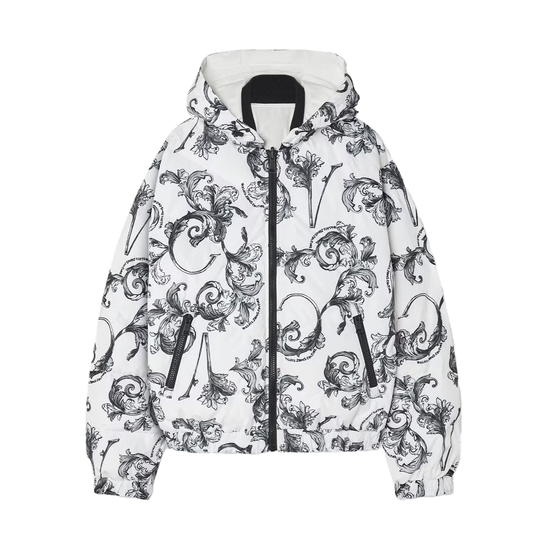Versace Jeans Couture Outline Barocco Reversible Puffer Jacket in white and black print, featuring a detachable hood and dual design for versatile styling. Crafted for warmth and elegance, available at Lestyle Boutique.