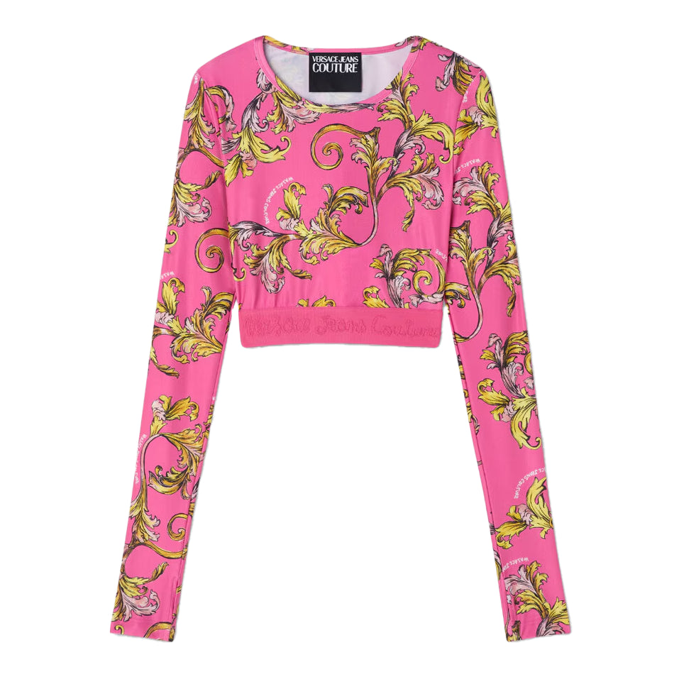 Versace Jeans Couture Pink Crop Top featuring Outline Barocco print, a stylish long-sleeve design perfect for a chic casual look, available at Lestyle Boutique.