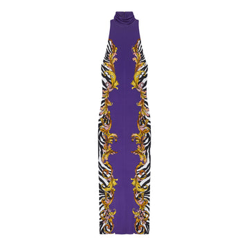 Versace Jeans Couture Purple Outline Barocco Long Dress featuring zebra patterns, golden accents, and a sleeveless halter-neck design, ideal for sophisticated occasions, available at Lestyle Boutique.
