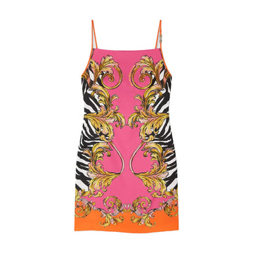 Versace Jeans Couture Pink Outline Barocco Slip Mini Dress with adjustable straps, bold zebra and floral prints, and signature logo hardware, available at Lestyle Boutique.