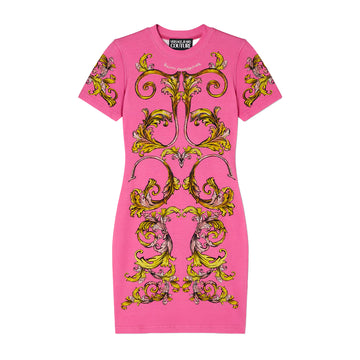 Versace Jeans Couture Pink Outline Barocco T-Shirt Dress featuring an iconic Barocco print and short-sleeve design, crafted from premium cotton with a hint of elastane for a perfect fit, available at Lestyle Boutique.