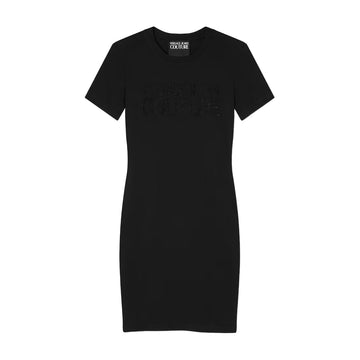 Versace Jeans Couture Black Crystal Institutional Logo T-Shirt Dress featuring a shimmering logo embellishment on the front, crafted from premium cotton blend for a chic and stylish look, available at Lestyle Boutique.