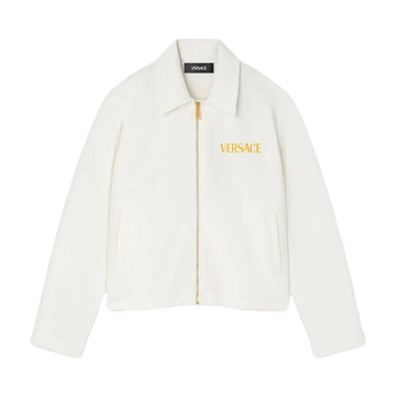 Versace Medusa Garland Kids Zip Polo Shirt in white, featuring long sleeves, a pointed collar, a front zip closure, and signature Medusa Garland detailing, available at Lestyle Boutique.