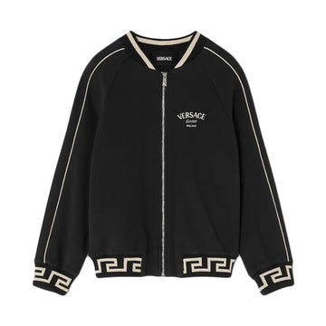 Versace Studded Medusa Kids Zip Sweatshirt in black, featuring a stud-embellished Medusa motif, Versace Milano Stamp embroidery, ribbed Greca border, and zip closure, available at Lestyle Boutique.