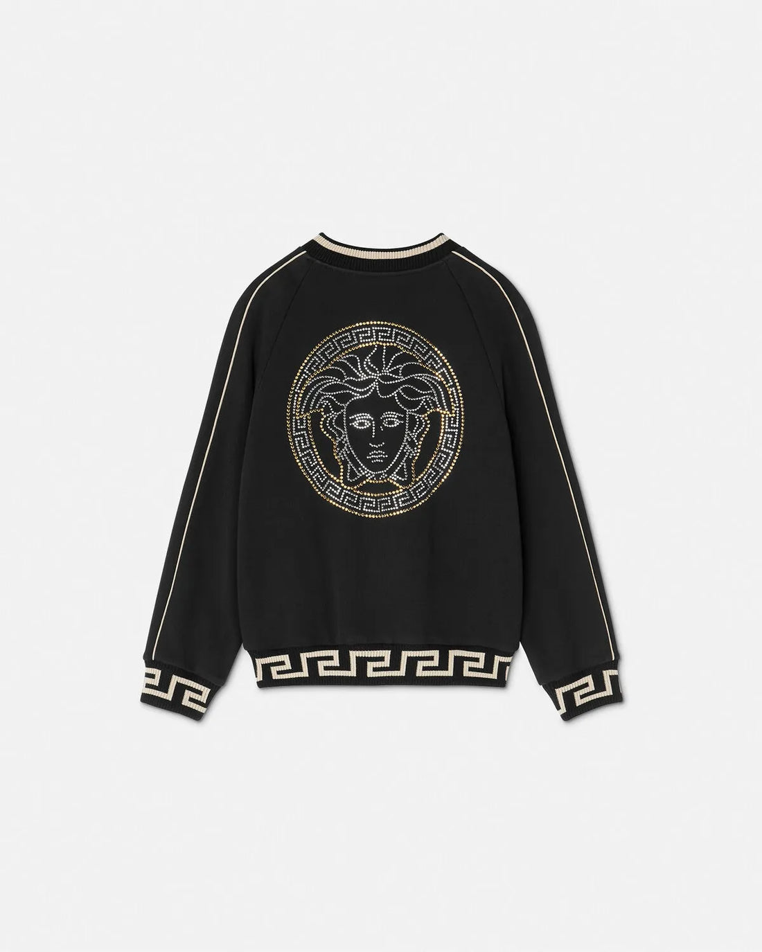 Versace Studded Medusa Kids Zip Sweatshirt in black, featuring a stud-embellished Medusa motif, Versace Milano Stamp embroidery, ribbed Greca border, and zip closure, available at Lestyle Boutique.