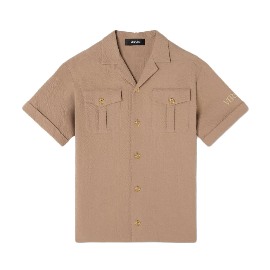 Versace Kids Seersucker Shirt in brown, featuring a notched collar, Medusa buttons, and chest flap pockets, available at Lestyle Boutique.