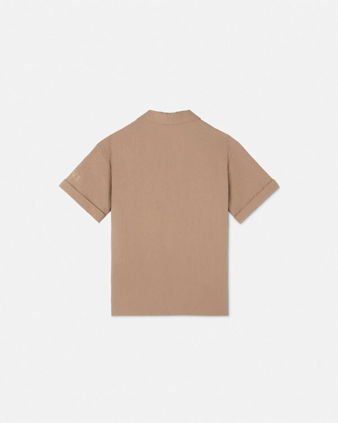 Versace Kids Seersucker Shirt in brown, featuring a notched collar, Medusa buttons, and chest flap pockets, available at Lestyle Boutique.