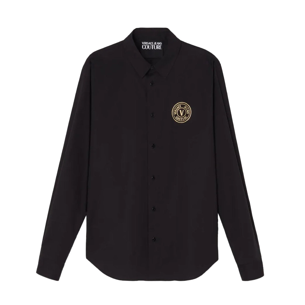 Versace Jeans Couture V-Emblem Shirt in black cotton poplin, featuring a pointed collar, buttoned cuffs, and a signature V-Emblem logo at the chest, available at Lestyle Boutique.