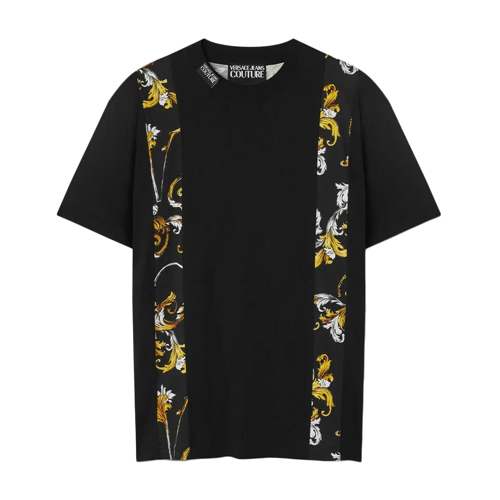 Versace Jeans Couture black and gold Outline Barocco print T-shirt with short sleeves and a crewneck, available at Lestyle Boutique.