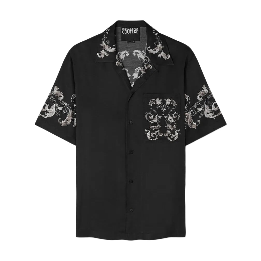 Versace Jeans Couture Outline Barocco Regular-Fit Shirt in black, featuring a short-sleeve design, notched collar, and signature Barocco print details, available at Lestyle Boutique.
