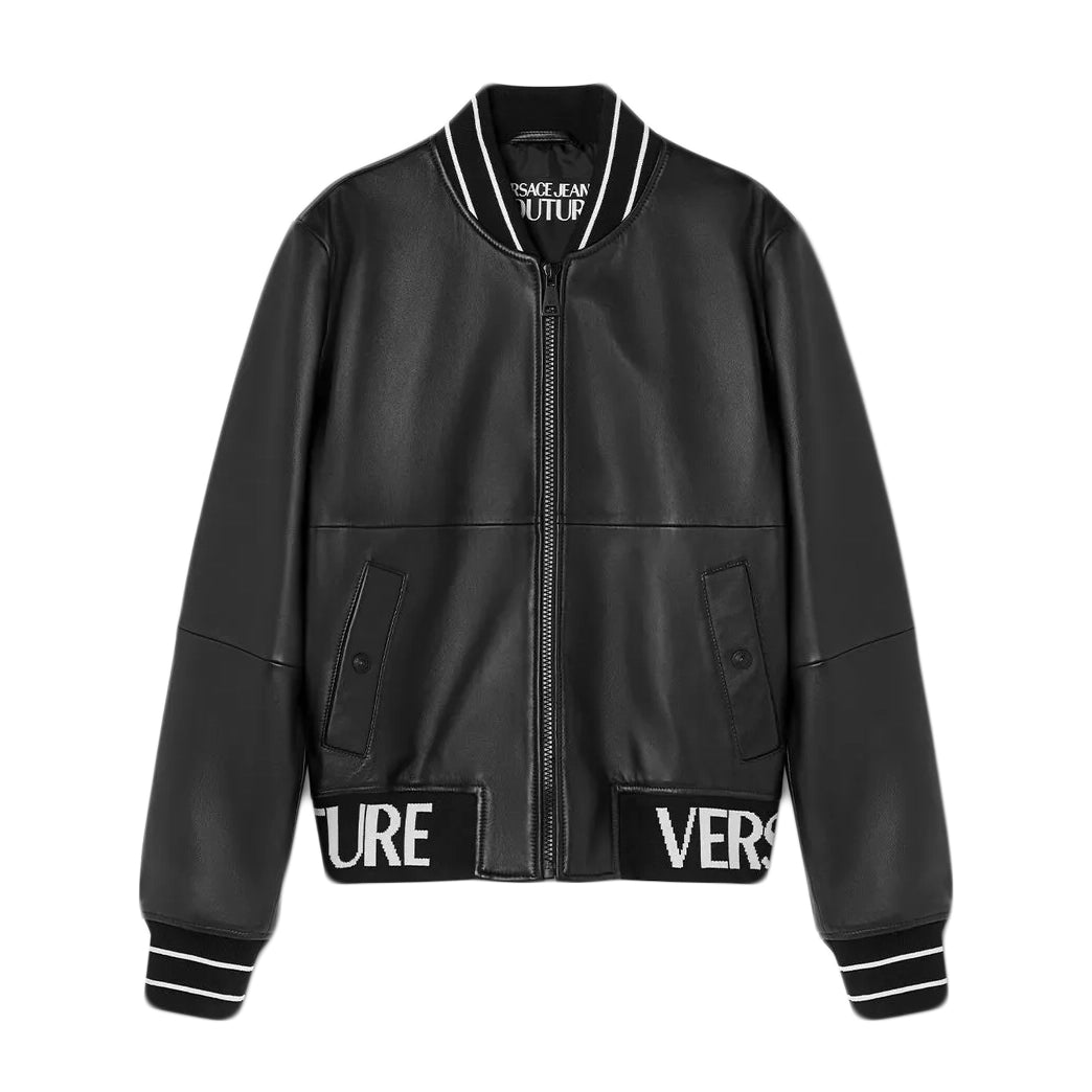 Versace Jeans Couture Logo Leather Bomber Jacket in black, featuring a sleek leather exterior, jacquard logo waistband, and striped elastic trims for a bold and contemporary look, available at Lestyle Boutique.