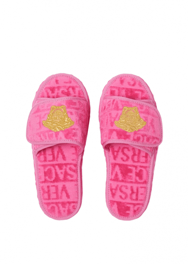 VERSACE SLIPPERS featuring embossed logo platform pink available at Lestyle Boutique Melbourne