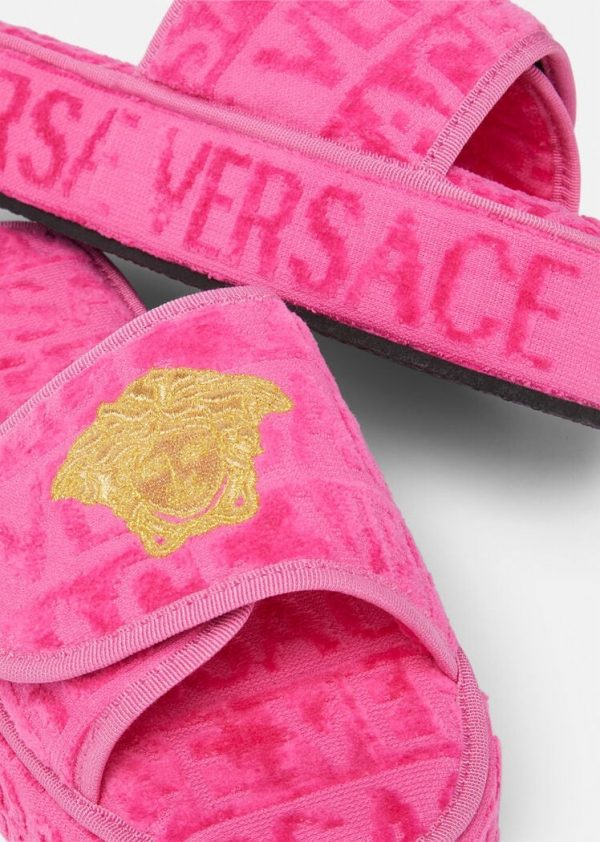 VERSACE SLIPPERS featuring embossed logo platform pink available at Lestyle Boutique Melbourne