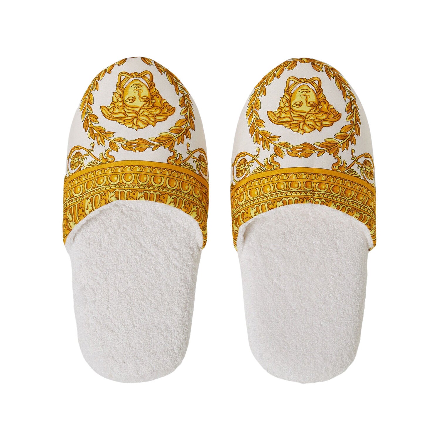 Versace white cotton slippers featuring I Love Baroque print on the uppers with soft terry towelling insoles, available in sizes S to XL, available at Lestyle Boutique 136 Little Collins St.
