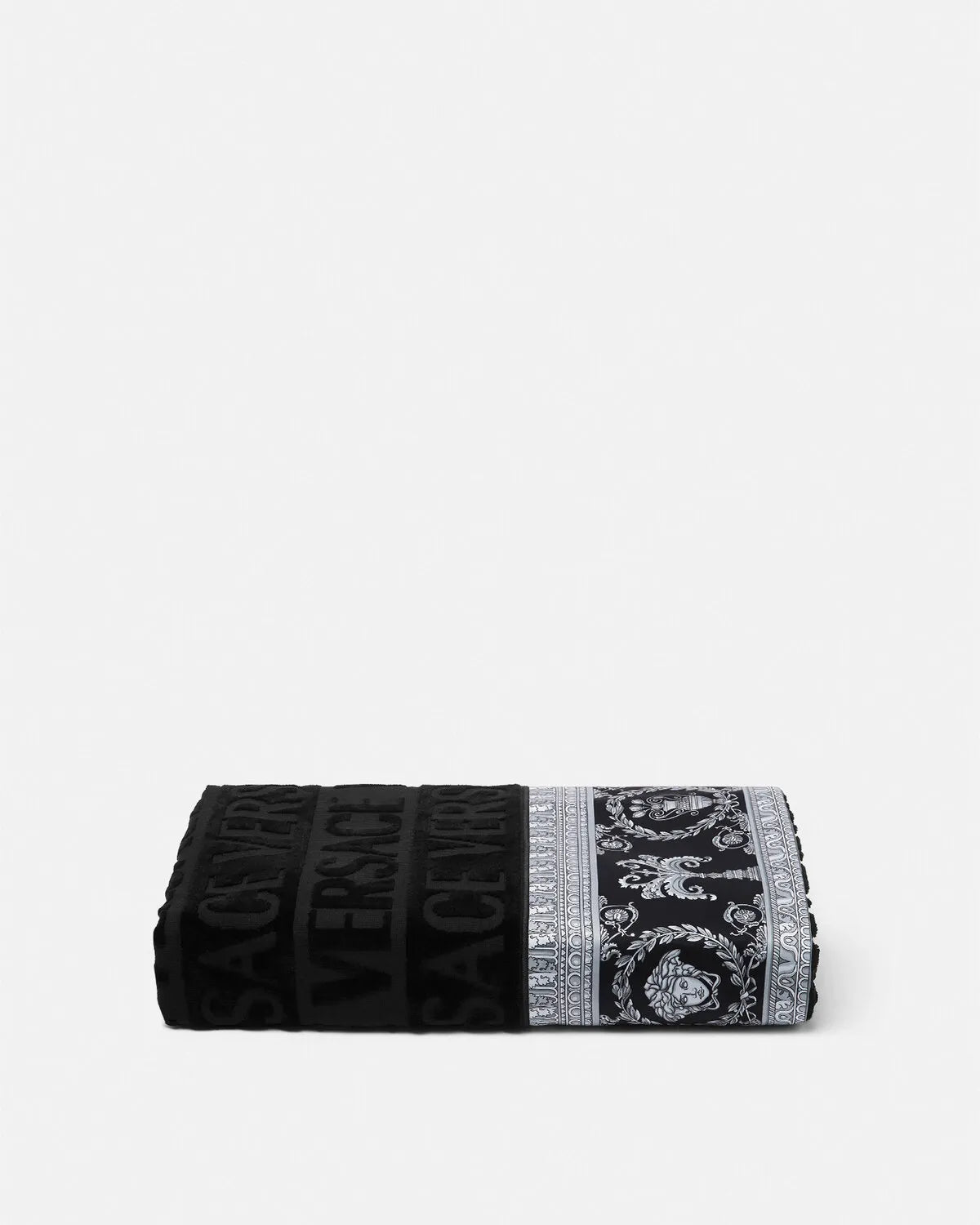 Versace towel featuring a tonal allover motif with Baroque border, available at Lestyle Boutique Melbourne