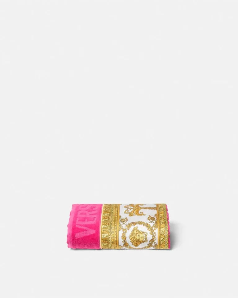 VERSACE HAND TOWEL featuring I LOVE BAROQUE allover pink print available at Lestyle Boutique Melbourne