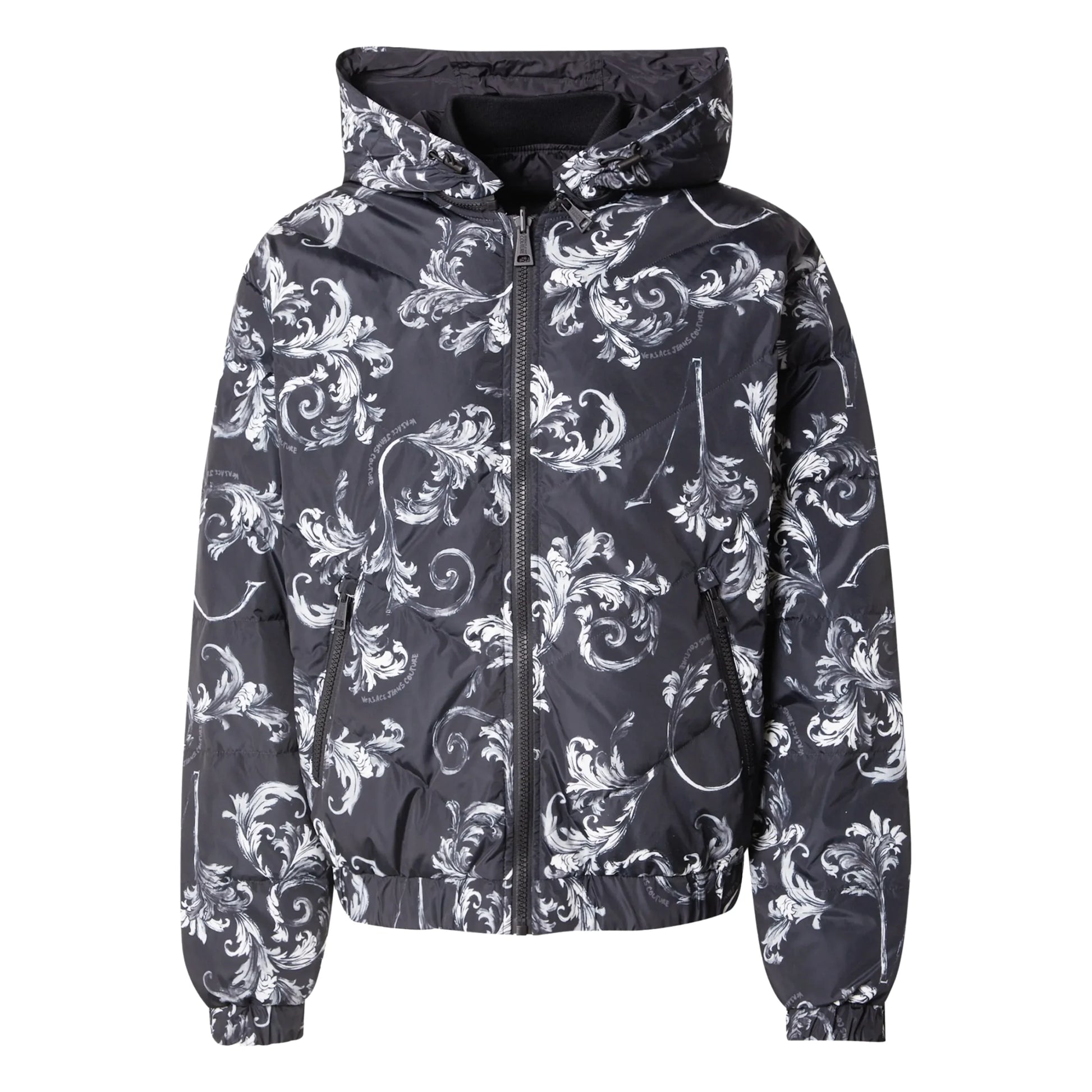 Versace Jeans Couture Barocco Print Between-Season Jacket in black, featuring a reversible design, ribbed crewneck, and zip closure for a stylish and practical outerwear option, available at Lestyle Boutique.